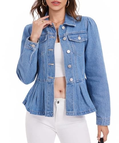 J.Corrine Womens Denim Jacket Peplum Ruffle Hem Jeans Jacket Button Down Casual Trendy Puff Long Sleeve Jean Jackets Blue Xl - Image 1