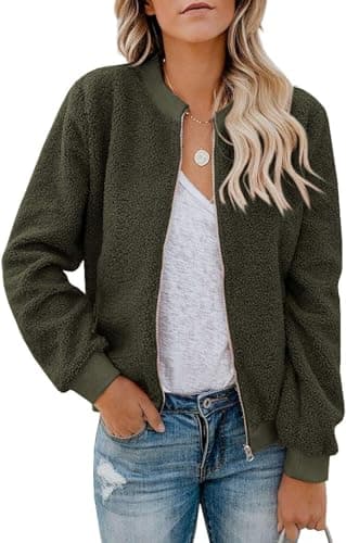 Eurivicy Women Fleece Jacket Winter Bomber Long Sleeve Faux Sherpa Fuzzy Casual Zip Up Coat Pocket - Image 1