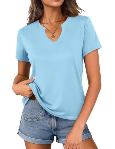 Women's V Neck Cotton T-Shirts Breathable Short Sleeve Tops Lightweight Stretch Summer Tees (Sky Blue,XX-Large) - Image 1