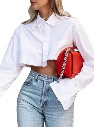 Morzq White Button Down Shirt Women Cropped Long Sleeve Oversized Top Womens Asymmetrical Blouse All White L - Image 1