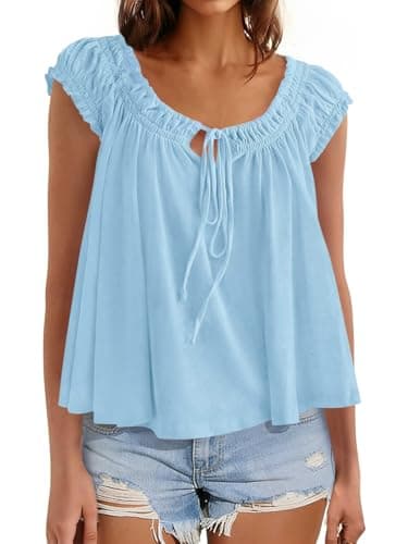 Beloyoni Womens Babydoll Tops Summer Tie Front Cap Sleeve Tank Top Dressy Casual Loose Fit Peplum Blouses Cute Flowy Shirts Light Blue XS - Image 1