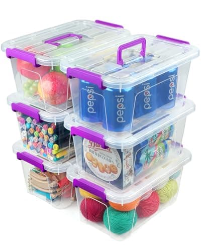 AREYZIN Plastic Storage Bins with Lids 6 Pack, 7 Quart Stackable Storage Containers with Buckle Latches, Heavy Duty Clear Organizer Bins for Home Office Supplies, Craft & Toy Storage, BPA-Free,Purple - Image 1