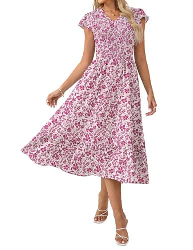 GRACE KARIN Casual Summer Dress for Women 2026 V-Neck Short Sleeve Smocked Midi Dress Rose Red Floral S - Image 1