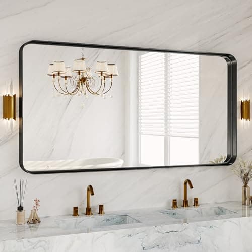 60X30 Inch Black Metal Framed Bathroom Mirror for Wall, Large Matte Vanity Rounded Rectangle Mirrors for Over Sink Wall, Modern Decorative for Restroom, Farmhouse, Horizontally or Vertically Hanging - Image 1