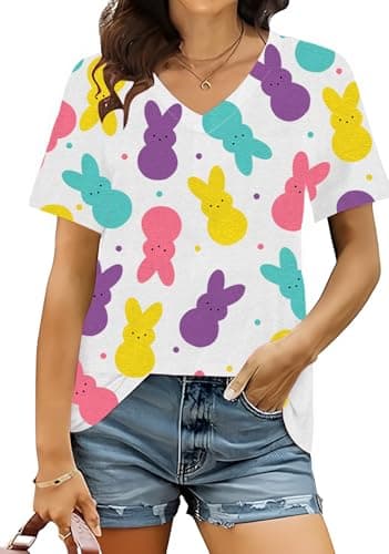 Easter Shirts for Women V Neck Happy Bunny Tshirt Cute Easter Rabbit Eggs Graphic Tee Spring Colorful Tops - Image 1