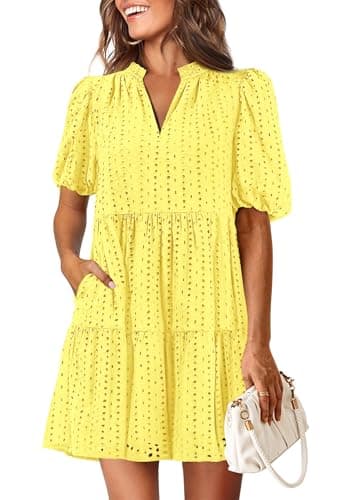 KIRUNDO Eyelet Summer Dresses for Women 2026 Mini Casual Hollow Out Short Sleeve Lace Tiered V Neck Shift Dress Pockets(Yellow, Large) - Image 1
