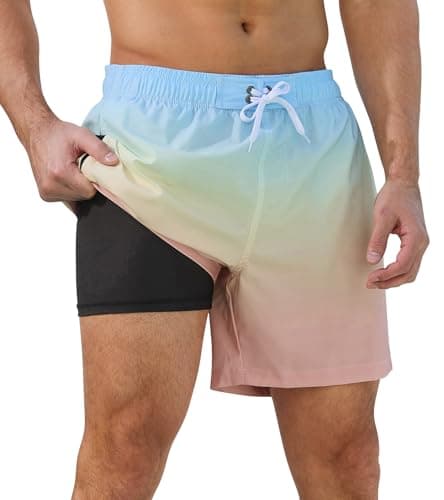 SILKWORLD Men Swim Trunks Quick Dry Beach Shorts Bathing Suit 2 in 1 with Pockets, Daylight Gradient, XX-Large - Image 1