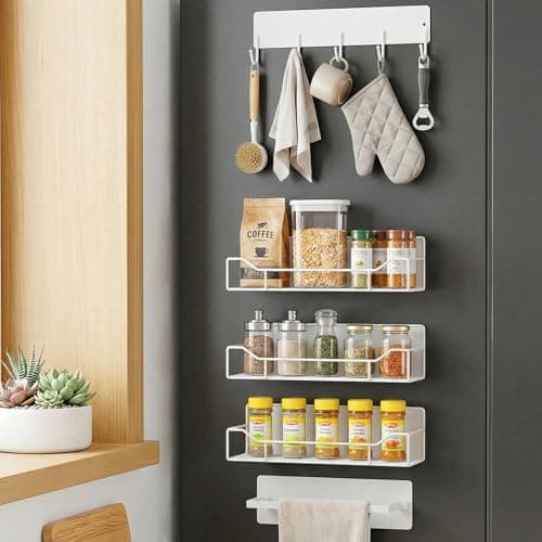 FancyMule Magnetic Spice Rack for Refrigerator, 5 Pack Magnetic Fridge Organizer Shelves, Strong Magnetic Hold, No Drilling, Space Saving Storage Rack for Kitchen & Washing Machine Organizer (White) - Image 1