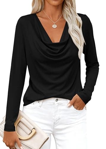 PRETTYGARDEN Womens Spring Tops 2026 Dressy Cowl Neck Long Sleeve Shirts Loose Business Casual Blouses Teacher Tunic Top(Black,Small) - Image 1