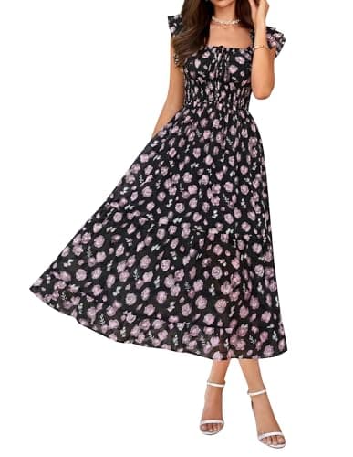 GRACE KARIN Spring Dresses for Women 2026 Summer Floral Midi Dress Flowy A Line Wedding Guest Long Dress Black Flowers XL - Image 1