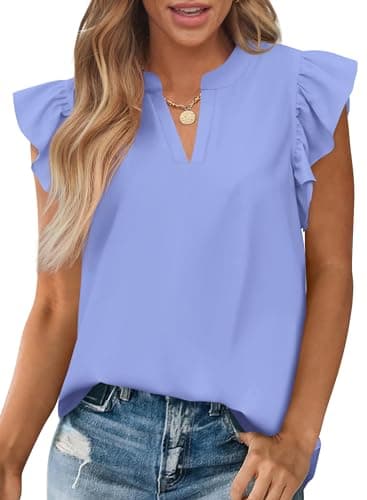 Zenlonr Womens Summer Tops 2026 Casual V Neck Ruffle Cap Sleeve Blouse Shirts Solid Color Tunic Tops(Light Blue,Large) - Image 1