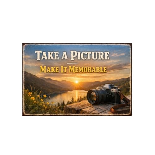 Take A Picture Make It Memorable Tin Sign Vintage Photography Metal Wall Art Scenic Sunset Camera Decor Inspirational Quote Plaque Home Studio Office Wall 8x12 Inch - Image 1