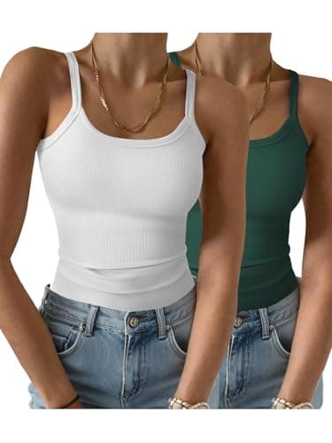 GKBK 2 Pack Womens Sleeveless Tank Top Form Fitting Spaghetti Strap Scoop Neck Ribbed Knit Workout Lounge Basic Slim Fitted Crop Summer 2026 Cami Layering Casual Shirts White Dark Green M - Image 1