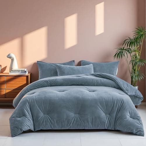 Hailyuwl Velvet Comforter Set Twin Size, Grey Blue Fluffy Velvet 3 Piece, Soft Breathable Luxury Winter Warm Bedding Sets, with 1 Cozy Comforter, 2 Pillow Shams - Image 1
