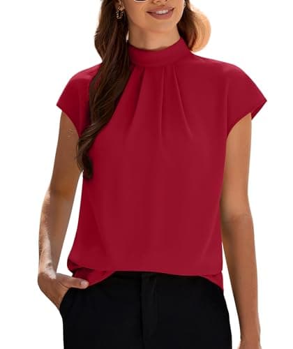 Funlingo Women's Summer Tops Dressy Casual Short Sleeve Tunic Shirts Mock Neck Loose Fit Trendy Business Work Office Chiffon Blouses Red 2XL - Image 1