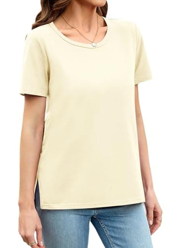 Herou Summer Casual Tees for Leggings for Womens Short Sleeve T-Shirts Tees with Side Split Oyster XX-Large - Image 1