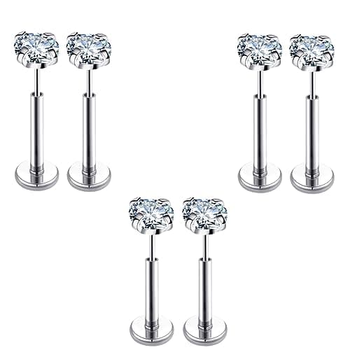 COTATI 20G Flat Back Earrings Stud Threadless Tragus Cartilage Lip Medusa Piercing Jewelry Hypoallergenic (Silver,20G 4/4/4mm CZ) - Image 1