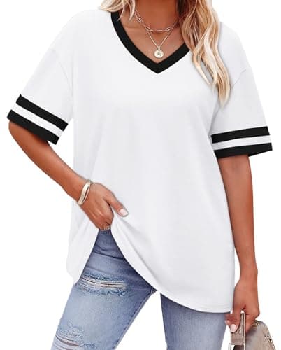 WIHOLL Baseball Shirts for Women Oversized Tshirts Summer Outfits 2026 Women's Clothing Striped Short Sleeve Tee V Neck T Shirts Clothes Office Date Outfits Tunic Loose Fit Travel White M - Image 1