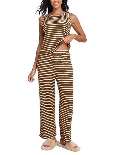 COCOMARTS Womens 2 Piece Lounge Sets Casual Striped Pajama Sets Sleeveless Tank Top and Wide Leg Pants Matching Outfits 2025 Army Green Large - Image 1