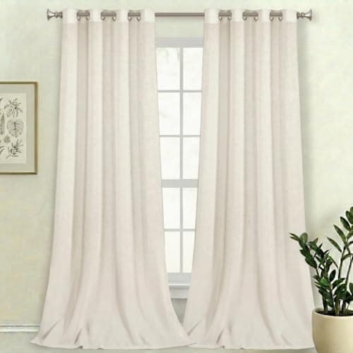 PrinceDeco Natural Linen Blended Curtains Semi Sheer Window Treatments Panels for Living Room Grommet Light Filtering Drapes Privacy Added Linen Textured Curtains, 2 Panels (Ivory, 52" W x 108" L) - Image 1