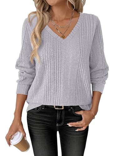 ANRABESS Womens V Neck Sweaters 2025 Fall Long Sleeve Shirts Lightweight Ribbed Knit Basic Casual Office Work Tunic Tops Grey Large - Image 1