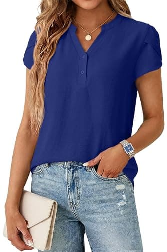 Lepunuo Womens Blouses Dressy Casual Henley Tops Summer V Neck Business Work Shirts Cap Sleeve Tshirts Vacation - Image 1