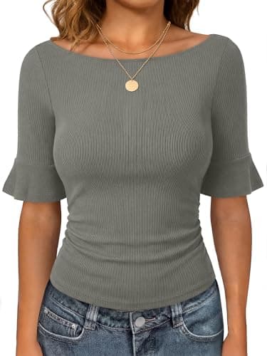 ANRABESS Womens Boat Neck Bell Short Sleeve Shirts Ruched Crop Dressy Work Blouse Business Casual Top 2026 Spring Clothing Army Green Small - Image 1