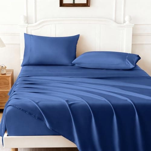 ChicView Twin Luxury Satin Sheet Set,3 Pieces Ultra Cooling Silky Feel Breathable Bedsheets, 16 Inch Deep Pockets Bed Sheets,Good for Hair & Skin, Prussian Blue - Image 1