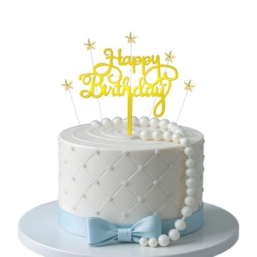 JRYZCHBO Happy Birthday Cake Topper,Acrylic Boy or Girl Cake Sign Decorations,Birthday Cake Topper Supplies for Men's Women's Birthday Party Cake Dessert (Gold+starts) - Image 1