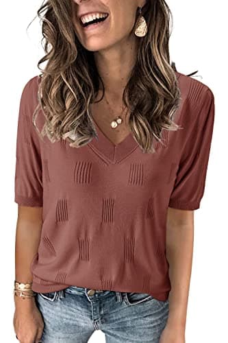 Arach&Cloz Women's Summer Fall Tops 2025 Short Sleeve Plus Size Sweaters V Neck Trendy Fashion Knit Clothes Dressy Cute Casual Outfits Business Work Blouse Dusty Red L - Image 1