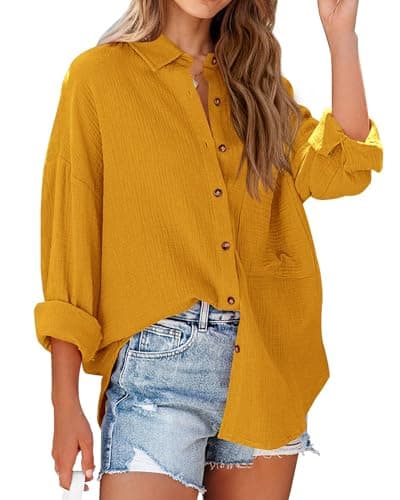 NOLLSOM Casual Shirts for Women Long Sleeve Button Down Blouses Fall 2025 Solid Color Trendy Tops with Pocket(Yellow,Small) - Image 1