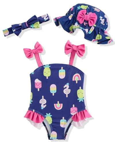 DivingBirds Baby Girl Swimsuit with Sun Hat & Headband Set, Infant One Piece Bathing Suit Newborn Summer Beach Gift,Black Ice Cream,3-6 Months - Image 1