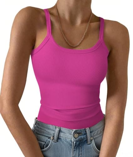 GKBK Women's Tank Tops 2026 Spaghetti Strap Ribbed Knit Scoop Neck Sleeveless Shirts Summer Casual Basic Tanks Hot Pink L - Image 1