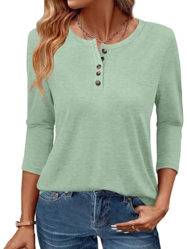 GKBK 3/4 Sleeve Womens Tops Fall Clothes Henley Casual Spring Summer Lightweight Basic Tunic Shirts Green - Image 1