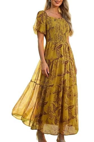 Lesuxa Women's Summer Shimmering Floral Maxi Dress Airy Chiffon Smocked Square Neck Puff Sleeve Flowy Vacation Guest Dress, Boho Cottagecore Sun Dress, Easter Sunday Outfits, Graduation Gowns Smell - Image 1