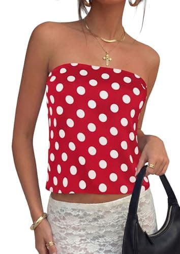 PRETTYGARDEN Strapless Tube Tops for Women 2026 Summer Sleeveless Backless Polka Dot Going Out Top Bandeau Cute Y2k Shirt (Dot Red White,Small) - Image 1