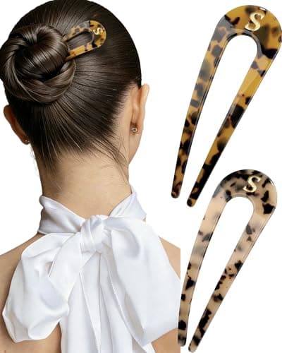 2 PCS Personalized Initial French Hair Pin for Women 5.1 Inch, Monogram Tortoise Shell Acetate U Shaped Hair Fork 2 Prong Chignon Pin Hair Accessories Birthday Gifts - Image 1
