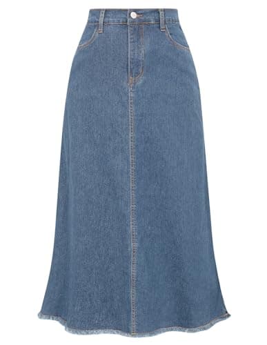 Belle Poque Light Blue Long Denim Skirts for Women Lightweight A-line Flary Frayed Raw Jean Skirt with Pockets XL - Image 1