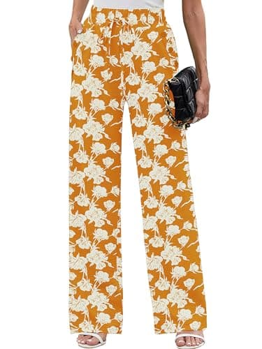 Heymoments Women Wide Leg Pants White Flower Yellow Small High Waist Loose Casual Pants Adjustable Tie Knot Belted Long Straight Trousers with Pockets - Image 1