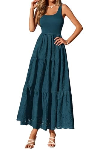 BTFBM Women Summer Eyelet Midi Dresses Casual Spring 2026 Sleeveless A Line Flowy Vacation Beach Wedding Guest Sun Dress(Dark Lake Blue, XX-Large) - Image 1