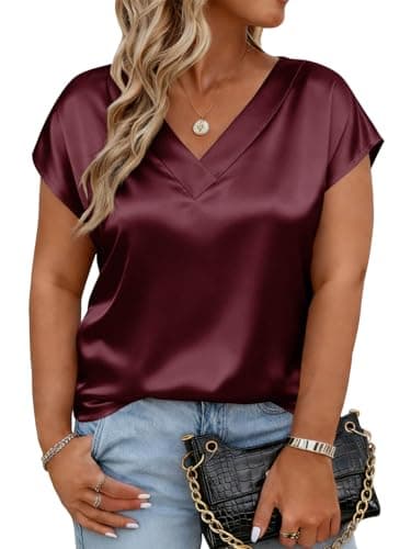 Beautife Womens Plus Size Tunic Tops Satin V Neck Cap Sleeve Shirts Summer Dressy Casual Blouses Wine Red - Image 1