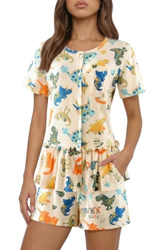 LovinPet Women's Dinosaur Pajama Set, Pajamas for Women, Button-Front Short Sleeve Ruffle Hem Top and Drawstring Shorts with Pockets, Soft Matching PJ Set, Orange, 2XL - Image 1