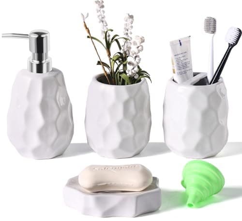 Ceramic Bathroom Accessories Set 4 PCS,Bathroom Toothbrush Holder Set,Soap and Toothbrush Holder Set,Include Toothbrush Holder,Soap Dispenser,Tumbler,Soap Dish,Bathroom Sets Decor Organizer (White) - Image 1