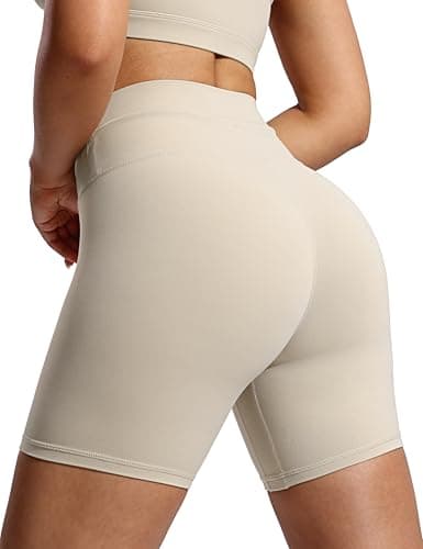 POSHDIVAH Women's Creamluxe Biker Shorts-6" High Waisted Drawstring Running Gym Volleyball Yoga Workout Shorts, Light Apricot X-Small - Image 1