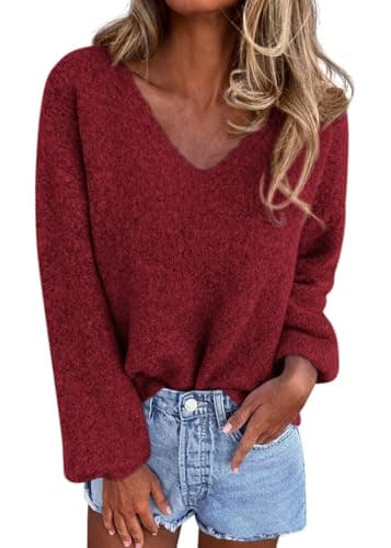 KIRUNDO Sweaters for Women Fall 2026 Oversized V Neck Cozy Cute Casual Long Sleeve Knit Pullover Trendy Winter Clothing(Red, X-Large) - Image 1