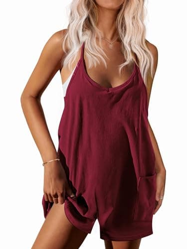 Ekouaer Rompers for Women Summer Casual Sleeveless Spaghetti Strap Shorts Overalls Jumpsuits Beach Outfits with Pockets Dark Red L - Image 1