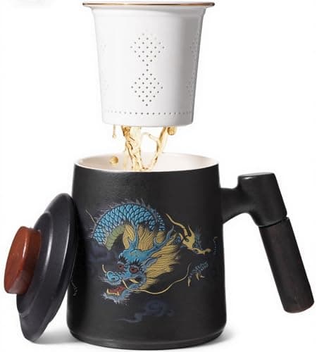 Foinly Ceramic Tea Cup with Infuser and Lid, 13.5 oz Tea Mug for Loose Leaf Tea,Wood Handle,Chinese Dragon Design,All Porcelain Strainer,BPA-Free, Perfect for Tea Lovers/Birthday/Mother's Day (Black) - Image 1