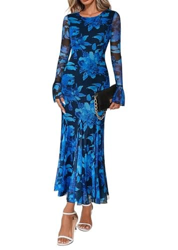 Lazysmile Women's Long Sleeve Floral Maxi Dresses Fall Formal Crewneck Bodycon Mesh Ruffle Wedding Guest Cocktail Party Dress Blue - Image 1