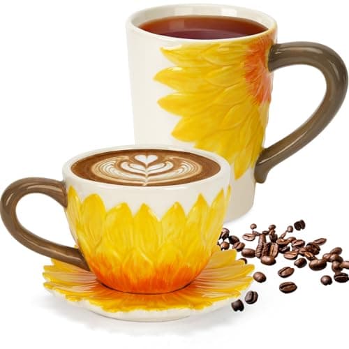 Aspirex HK Sunflower Coffee Mug Set of 2-15oz and 9oz Ceramic Cups with Saucer - 3D Hand-Painted Design - Couples Gift Set - Anniversary Wedding Housewarming Birthday - Image 1