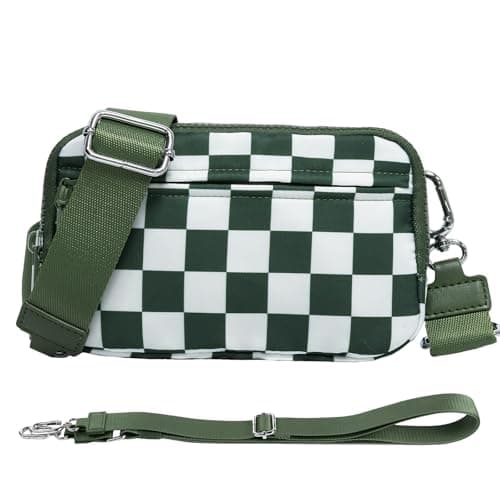 NBERMOTION Checkered Nylon Wristlet Wallets for Women RFID Blocking Purse With Credit Card Holder & Crossbody Strap(Pea Green) - Image 1